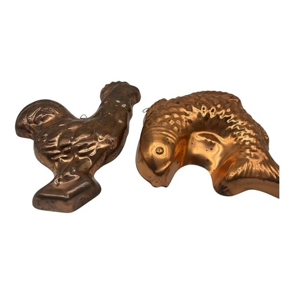 Copper Vintage Fish (Portugal) and Rooster (Korea) Copper Kitchen Molds - Picture 1 of 16